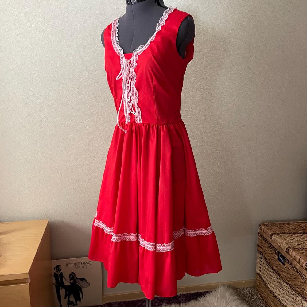 70's vtg red prairie cottage core dress lace up milkmaid square dancing Jeri Bee - Picture 4 of 11